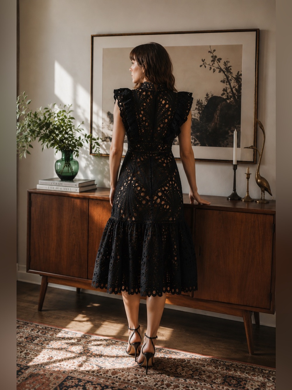 Dalia MacPhee Black Lace Cutout Ruffle Midi Dress - Picture 2 of 8